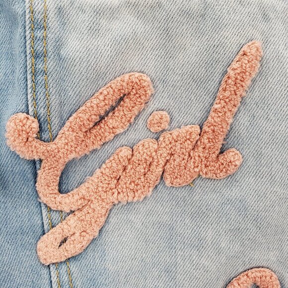 FOREVER 21 Distressed "Girl Squad" Los Angeles Denim Jacket M Light Wash Trucker - Picture 10 of 11